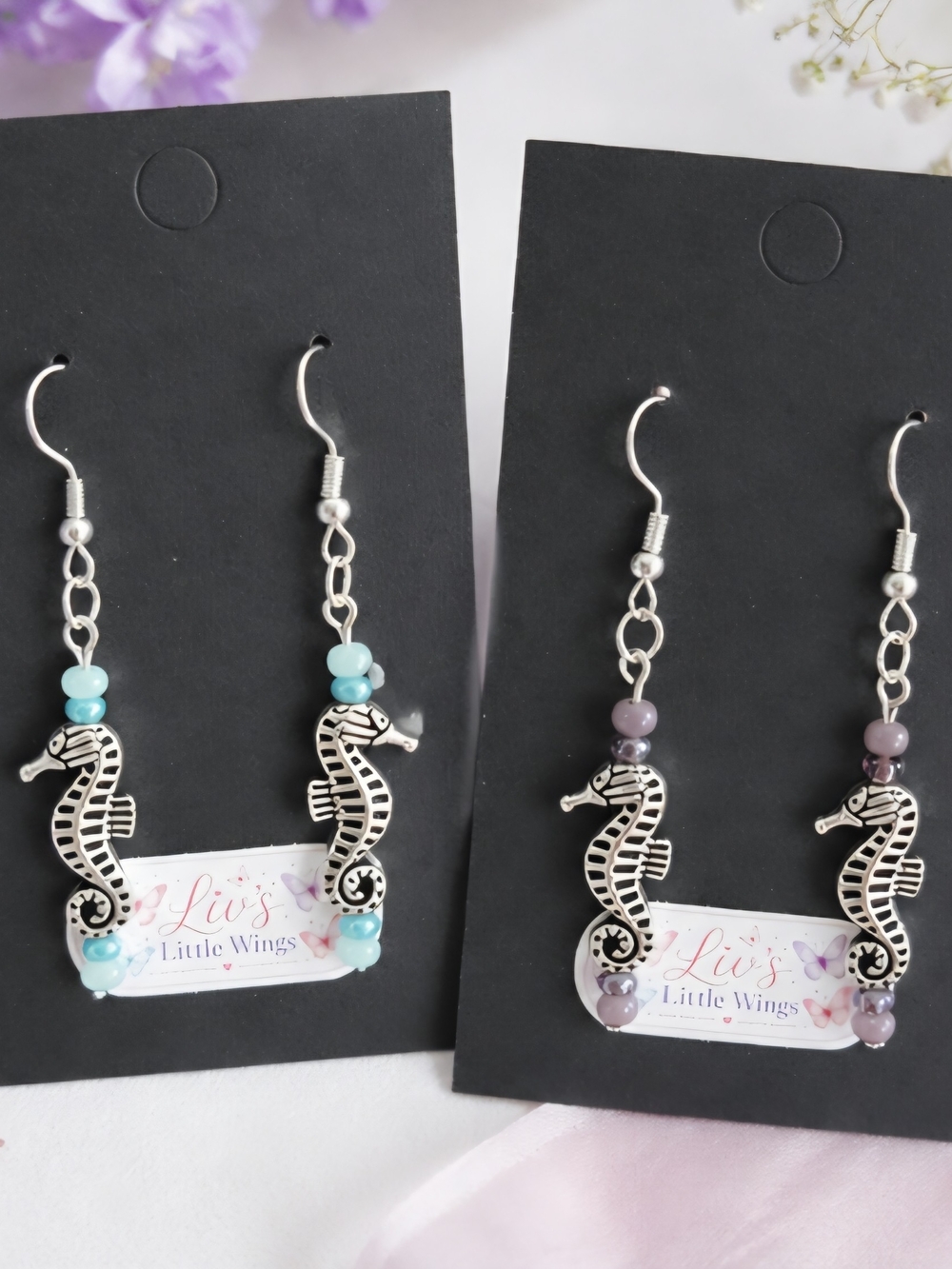 Liv's Little Wings Silver Seahorse Drop Earrings - Aqua and Mauve